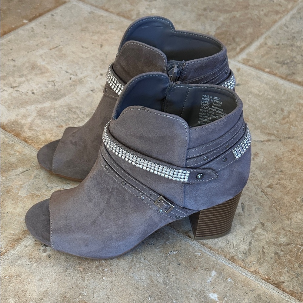 Gray Suede Ankle Boots with Rhinestone Detailing